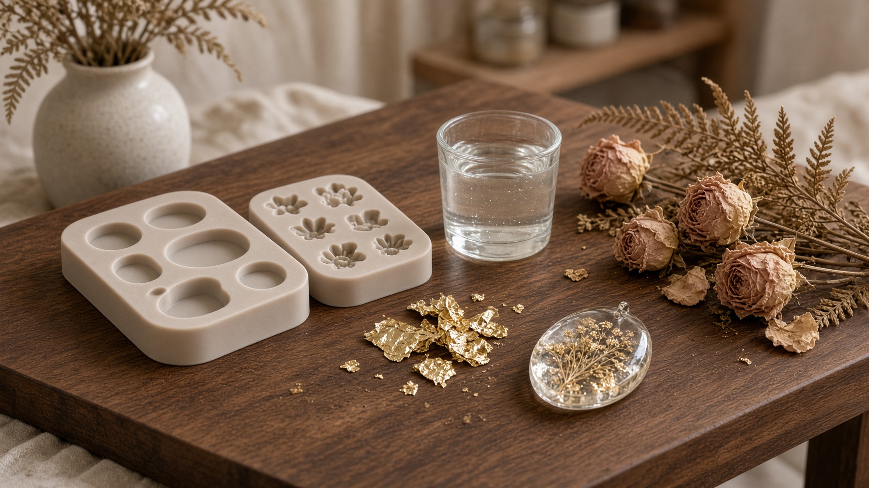 Walnut workbench with resin moulds, gold leaf and dried flowers